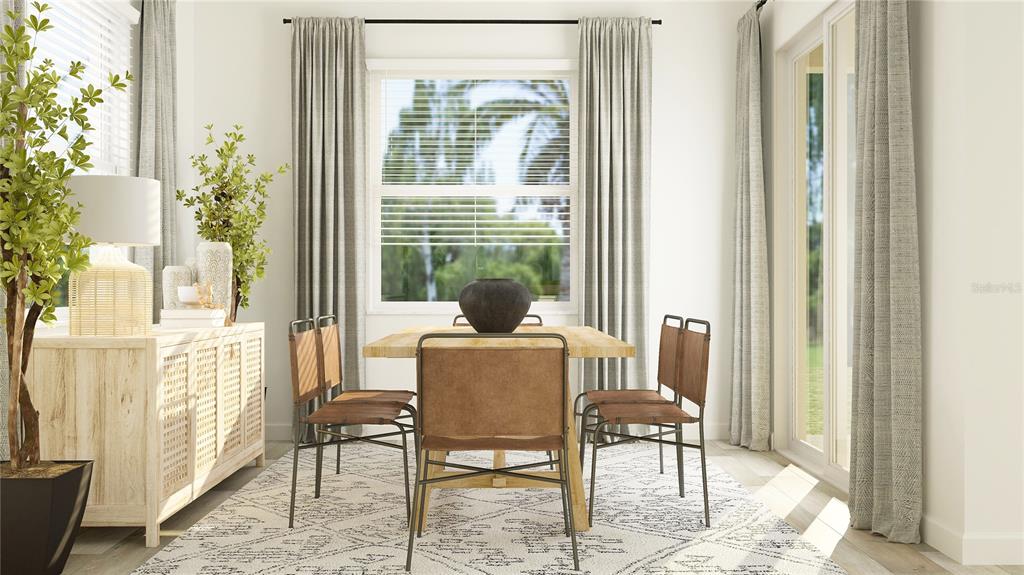 This digital rendering shows a dining room with a wooden table, leather chairs, and curtains — 9315 MINNOW RAY DRIVE, LAND O LAKES, FL