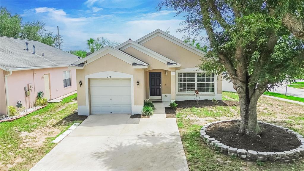 A single-story house with a beige stucco exterior, a one-car garage, and a large tree — 346 SUMMER SAILS DRIVE, VALRICO, FL