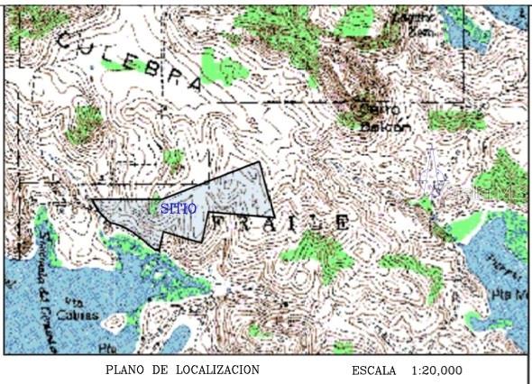 This is a topographic map showing a highlighted site location with a 1:20,000 scale — 250 km. BARRIO FRAILE, CULEBRA, PR