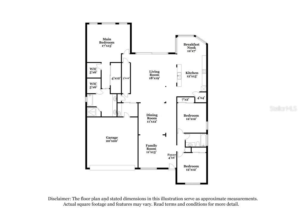 This is a floor plan showing a single-story home with a garage and four bedrooms — 1174 GREEN VISTA CIRCLE, APOPKA, FL