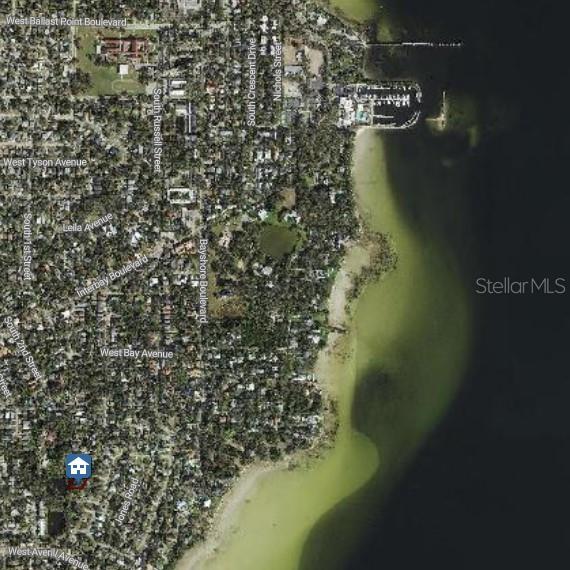 This is an aerial map showing a residential neighborhood along a coastline — 6213 SANDERS DRIVE, TAMPA, FL