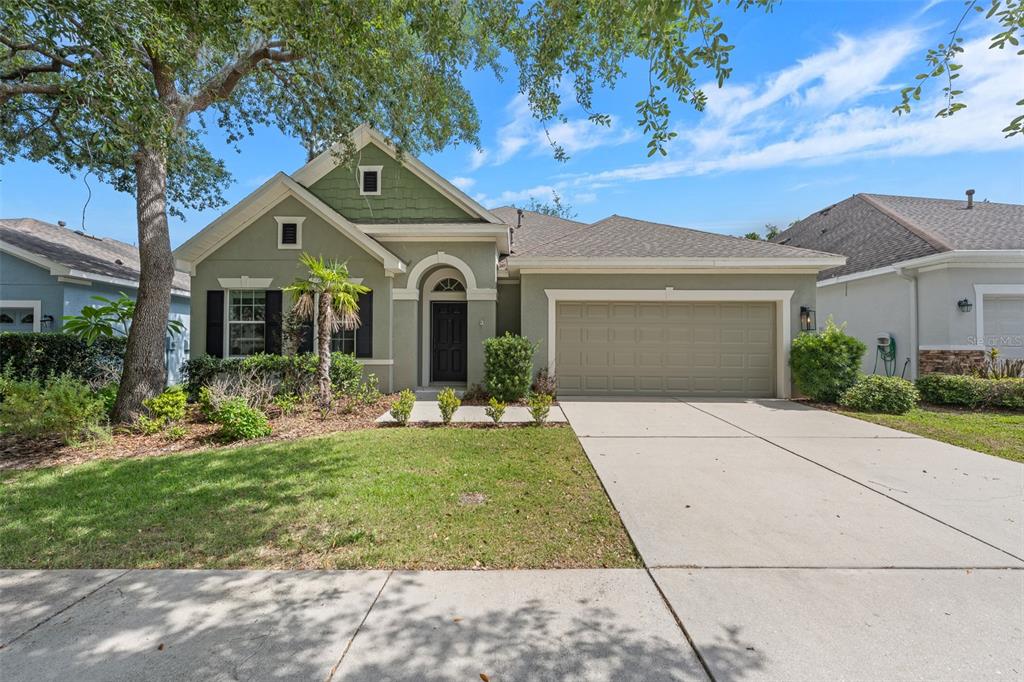 A single-story house with a green exterior, a two-car garage, and a front lawn — 15814 STARLING WATER DRIVE, LITHIA, FL