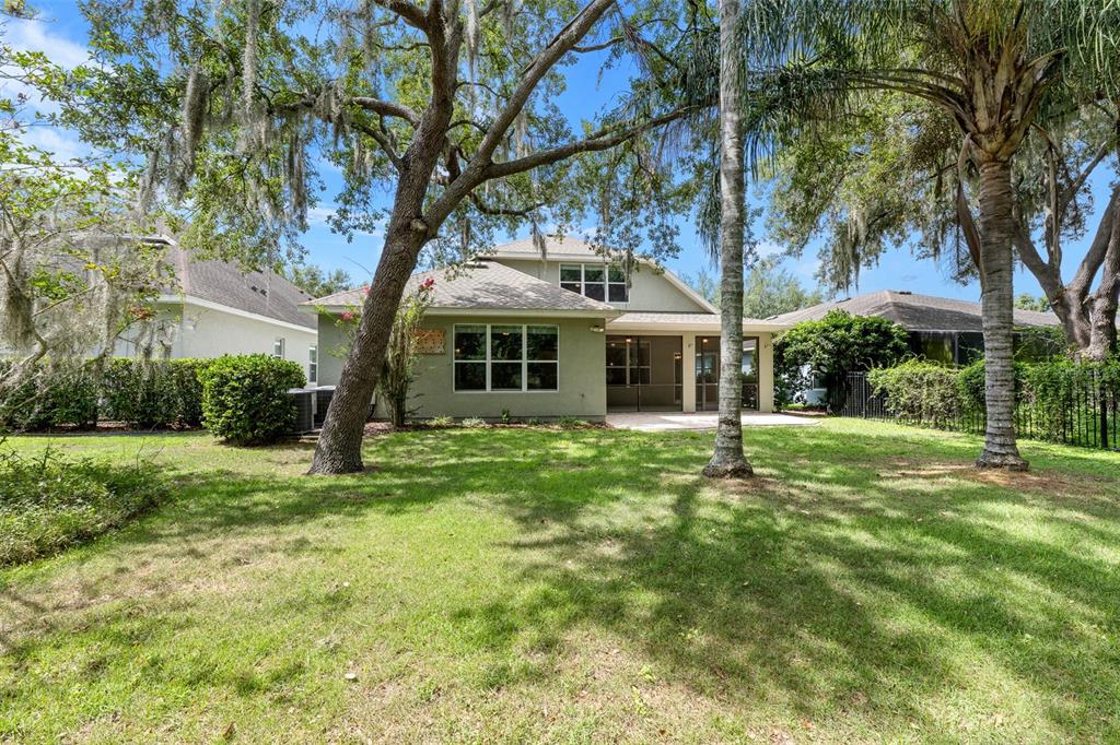 The backyard of a single-family home features a lawn, mature trees, and a screened patio — 15814 STARLING WATER DRIVE, LITHIA, FL