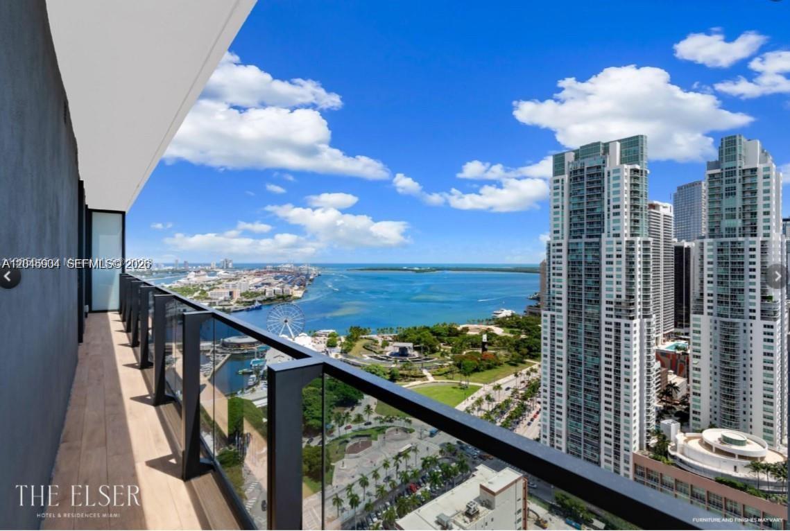 A balcony view overlooking a bay, a park, and high-rise buildings in Miami — 398 NE 5th St # 1518, Miami FL 33132, MIAMI, FL