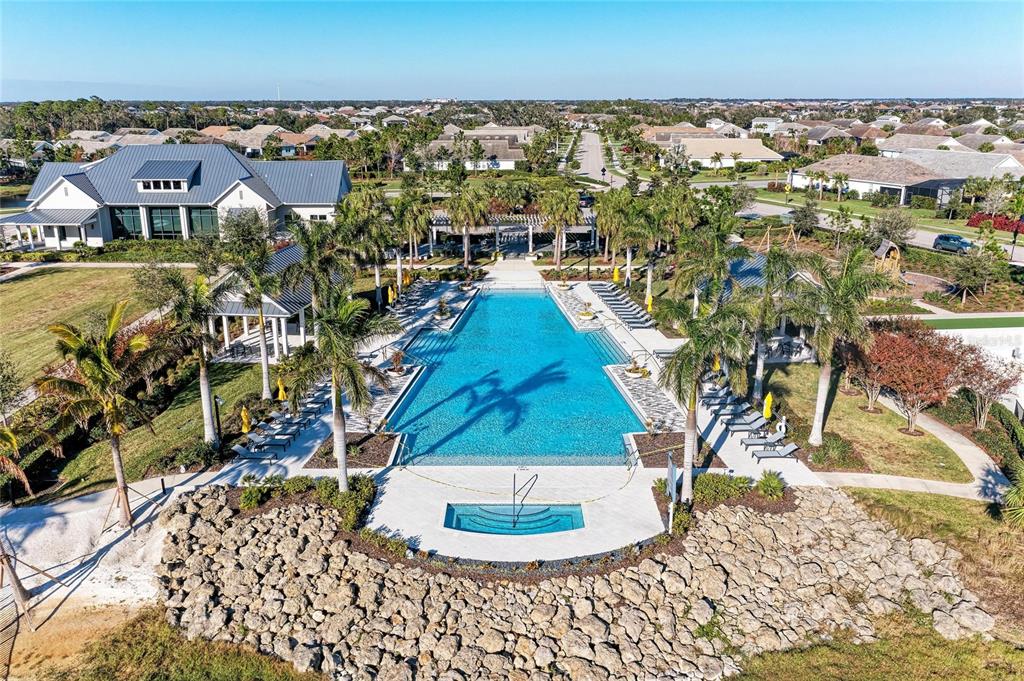 An aerial view of a rectangular swimming pool surrounded by palm trees and lounge chairs — 1079 WATERLINE COURT, SARASOTA, FL