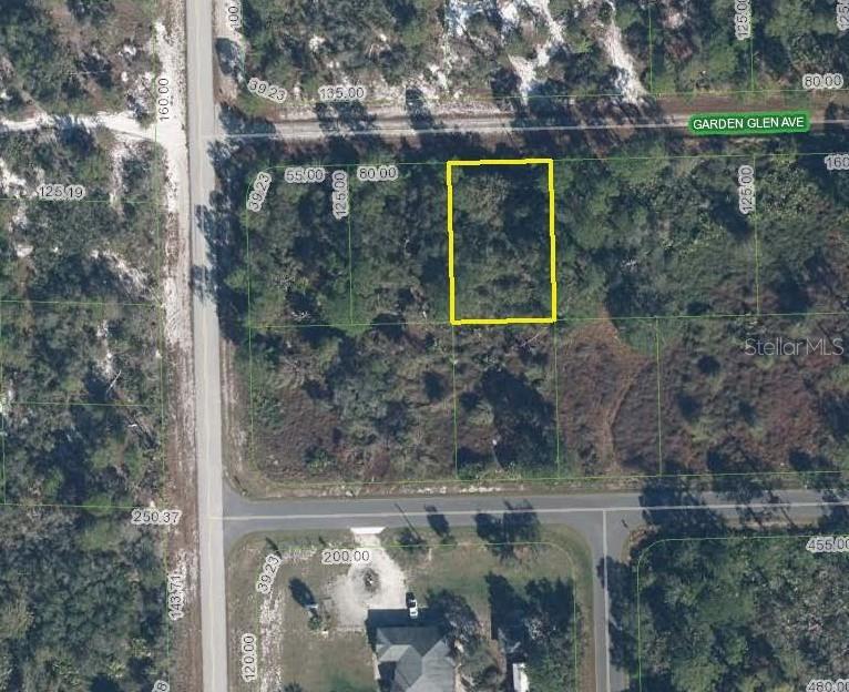 An aerial map shows a rectangular plot of land highlighted in yellow near a road — 3268 GARDEN GLEN AVENUE, LAKE PLACID, FL