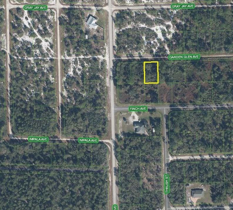 This is an aerial map showing a vacant, rectangular lot highlighted in yellow — 3268 GARDEN GLEN AVENUE, LAKE PLACID, FL