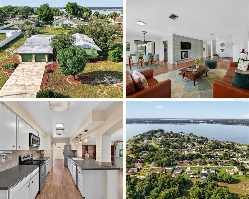 A collage showing a house exterior, a living room, a kitchen, and an aerial view — 5216 SYDNEY ROAD, FRUITLAND PARK, FL