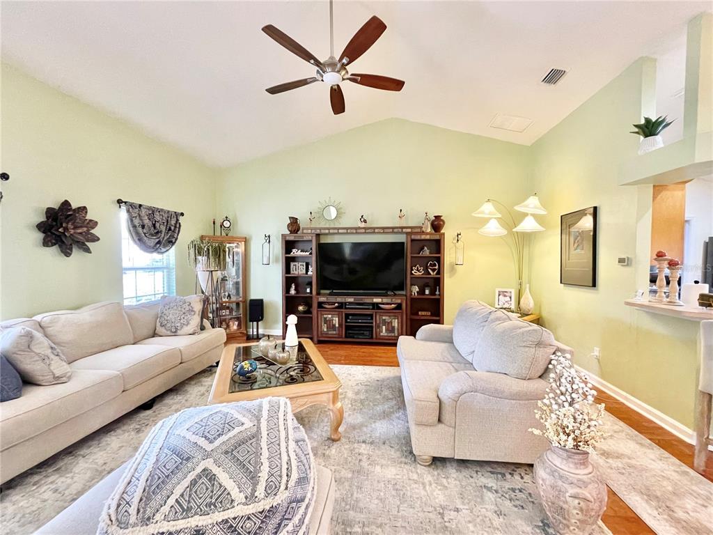 A living room features light green walls, a vaulted ceiling, two sofas, and a media console — 25336 SW 22ND AVENUE, NEWBERRY, FL