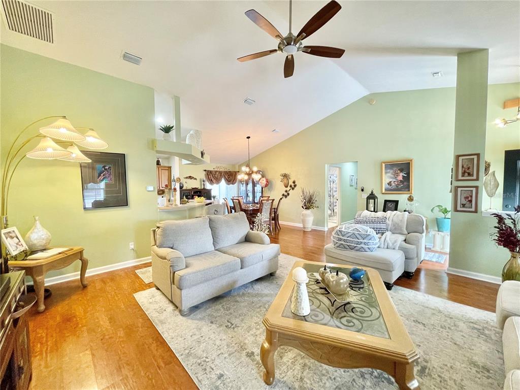 A living room features light green walls, a vaulted ceiling, and a light-colored area rug — 25336 SW 22ND AVENUE, NEWBERRY, FL