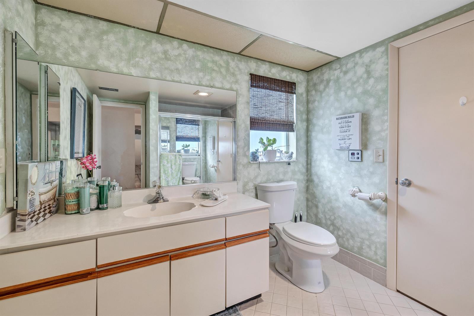 A bathroom features a vanity with a white countertop, a toilet, and green sponge-painted walls — 6137 Rainbow Circle, FL 33463, FL