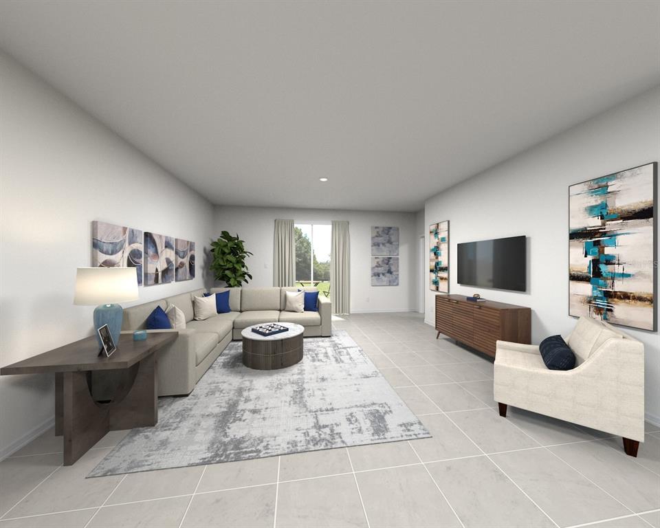 This is a digital rendering of a living room featuring a sectional sofa and television — 12614 HOURGLASS WAY, DADE CITY, FL