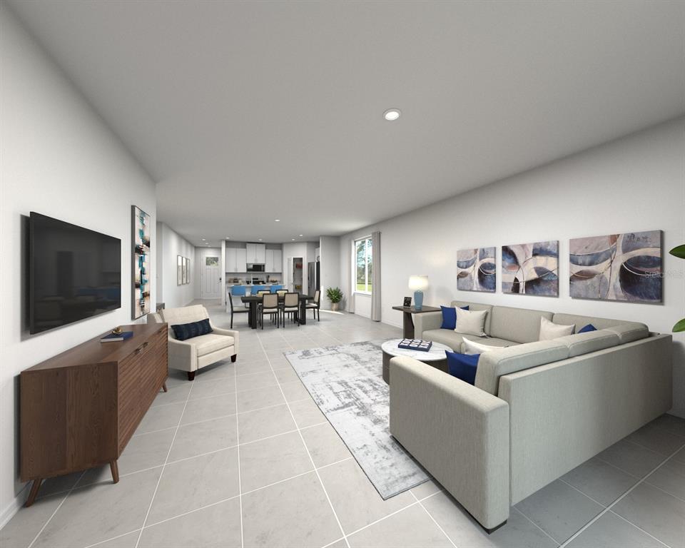 This is a digital rendering of an open-concept living and dining area with tile flooring — 12614 HOURGLASS WAY, DADE CITY, FL