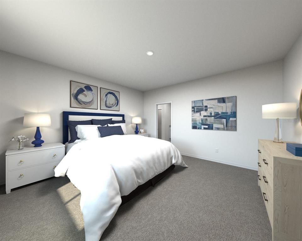 This is a digital rendering of a bedroom featuring a bed, nightstands, and a dresser — 12614 HOURGLASS WAY, DADE CITY, FL