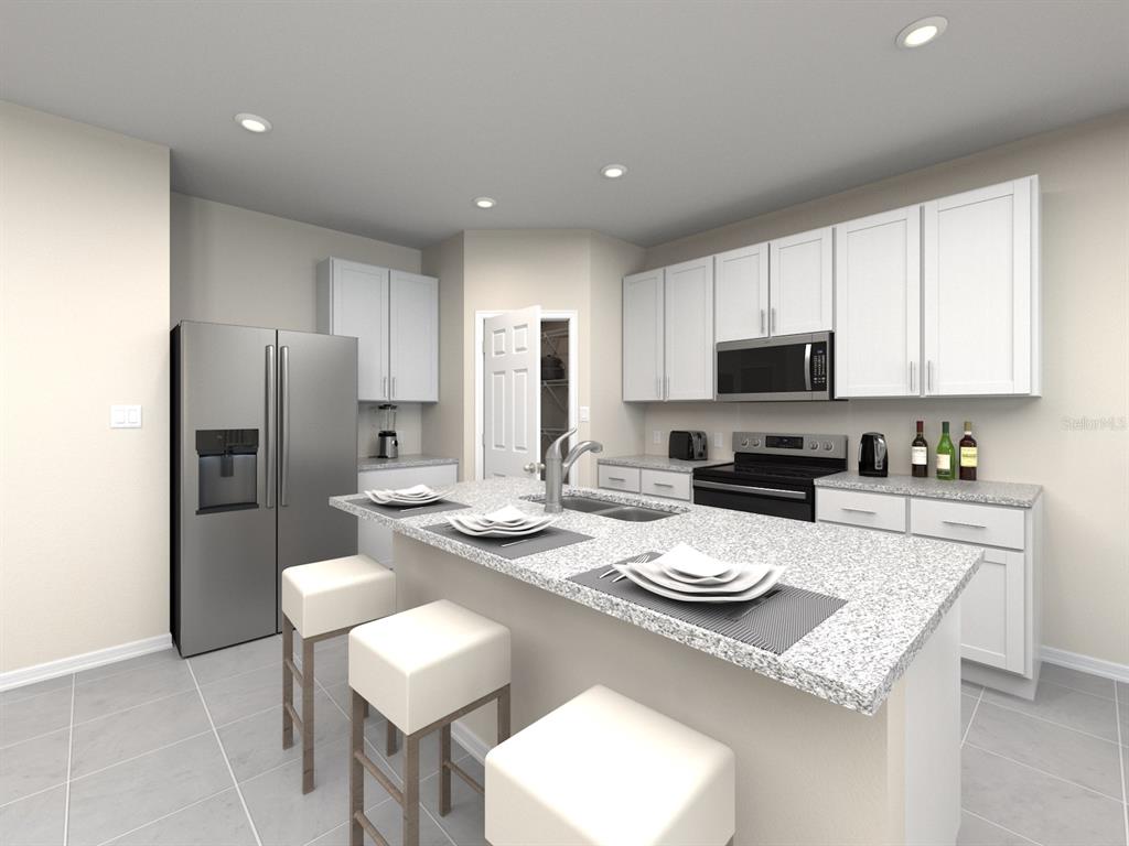 This is a digital rendering of a kitchen featuring white cabinets, granite countertops, and an island — 12 GARNI DRIVE, PALM COAST, FL
