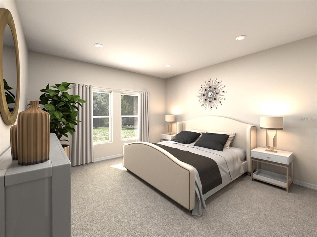 This is a digital rendering of a bedroom featuring a bed, nightstands, and two windows — 12 GARNI DRIVE, PALM COAST, FL