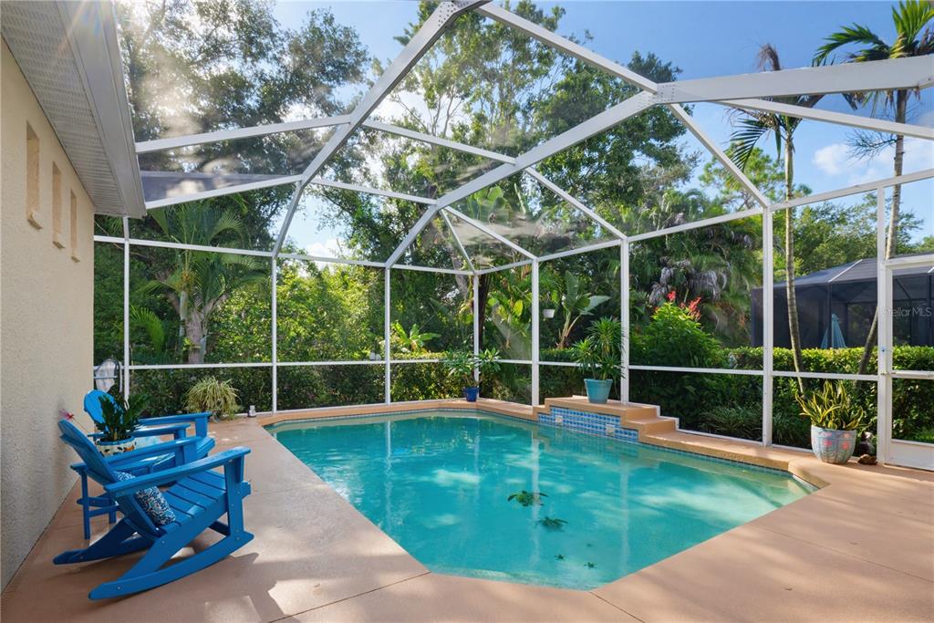 A screened-in swimming pool patio features blue rocking chairs and lush tropical landscaping — 7155 SPIKERUSH COURT, BRADENTON, FL