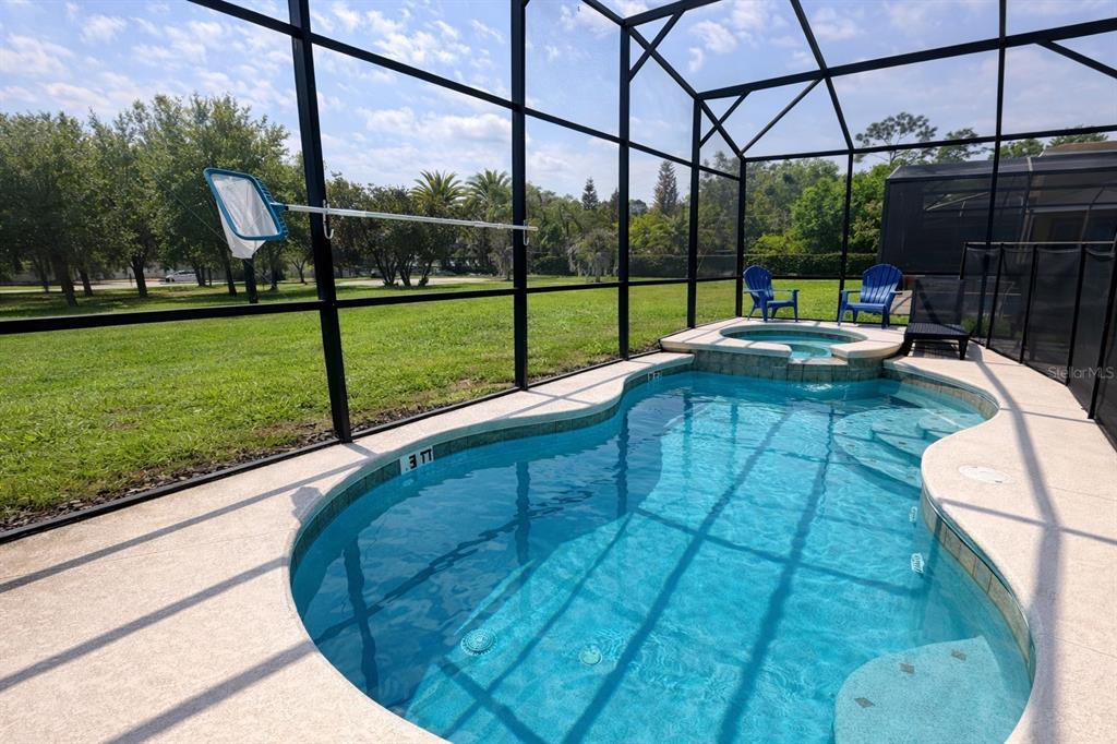 A screened-in pool and spa area with a grassy backyard view — 2618 SANTOSH COVE, KISSIMMEE, FL