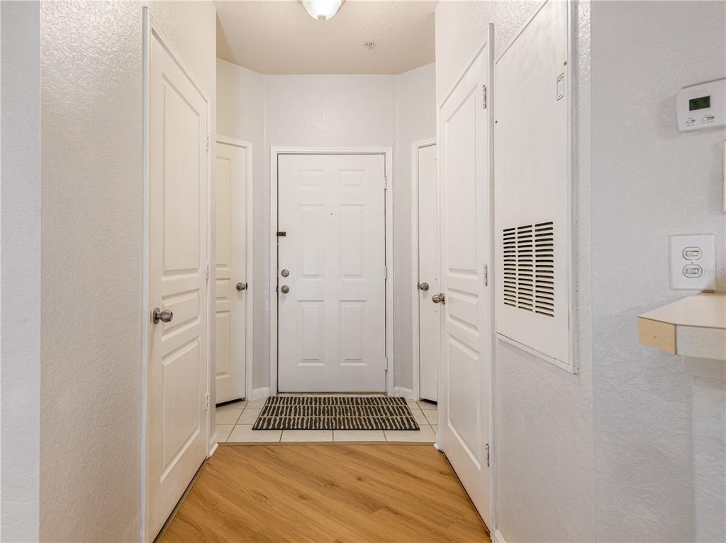 An entryway features a white front door, wood-look flooring, and several white interior doors — 5125 PALM SPRINGS BOULEVARD UNIT 2206, TAMPA, FL
