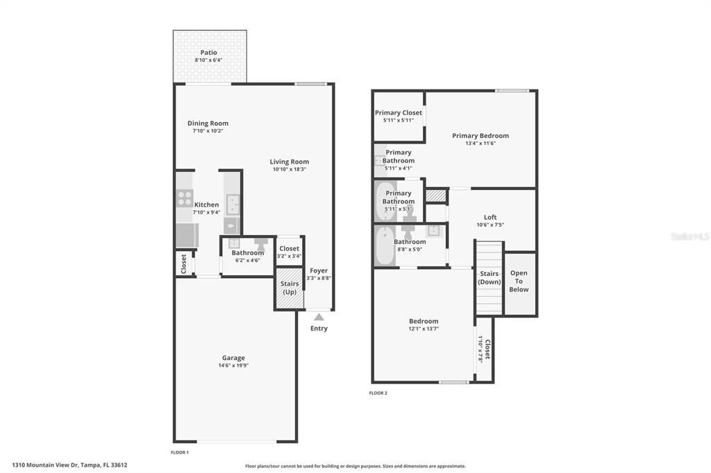 This is a two-story floor plan showing the layout of a residential home — 1310 MOUNTAIN VIEW DRIVE UNIT 105, TAMPA, FL