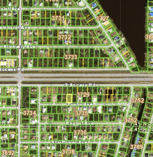 This is an aerial map showing a vacant residential lot highlighted in yellow — 11352 POPLIN AVENUE, ENGLEWOOD, FL