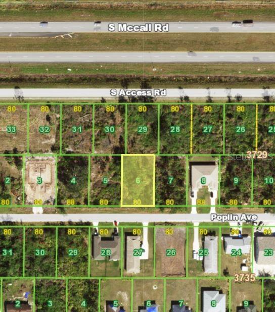 This is an aerial map showing a vacant residential lot highlighted in yellow — 11352 POPLIN AVENUE, ENGLEWOOD, FL