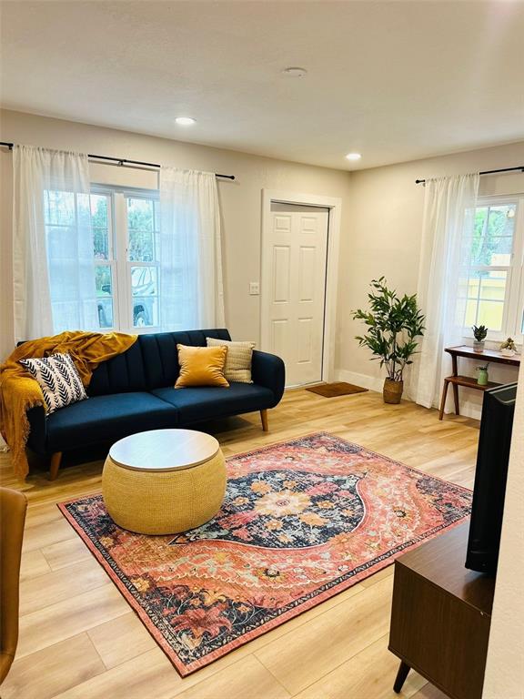 A living room features a dark blue sofa, a patterned rug, and light wood flooring — 6602 S FAUL STREET, TAMPA, FL