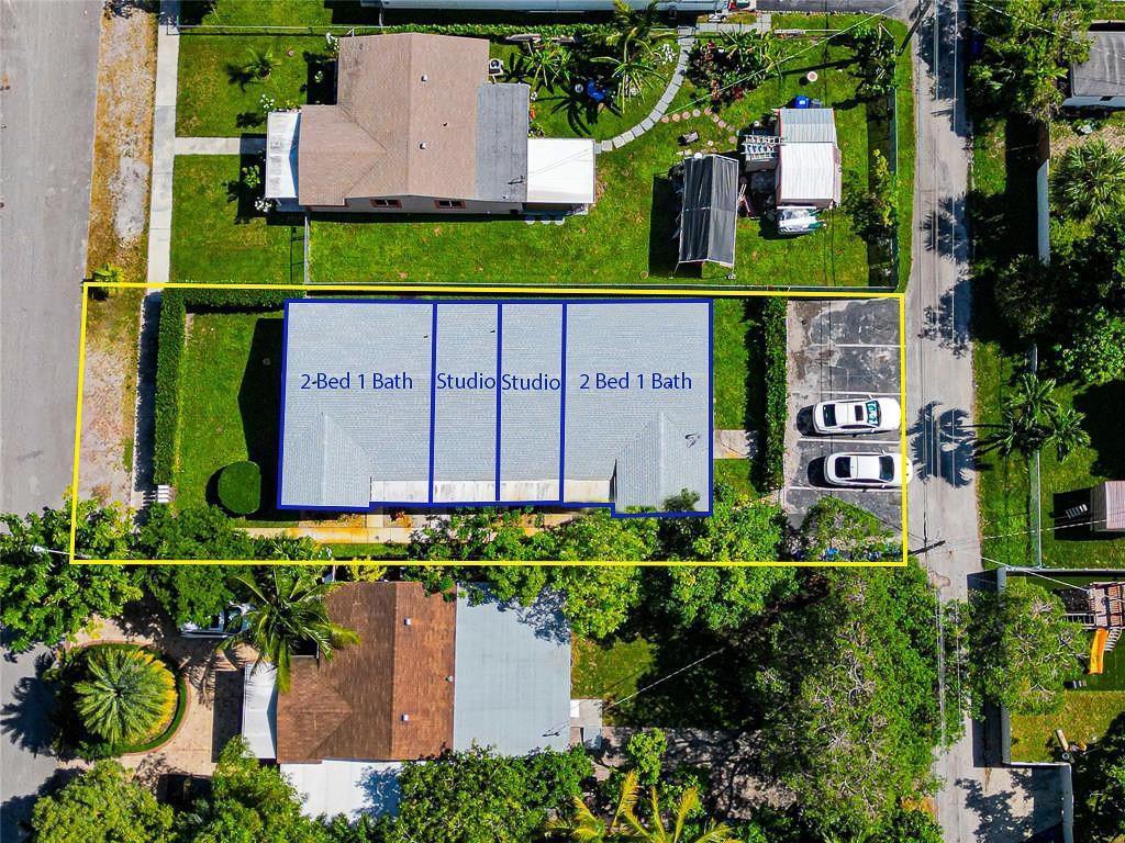 An aerial view shows a rectangular multi-unit residential building with four distinct living sections — 2432 Sherman Street, Hollywood FL 33020, HOLLYWOOD, FL