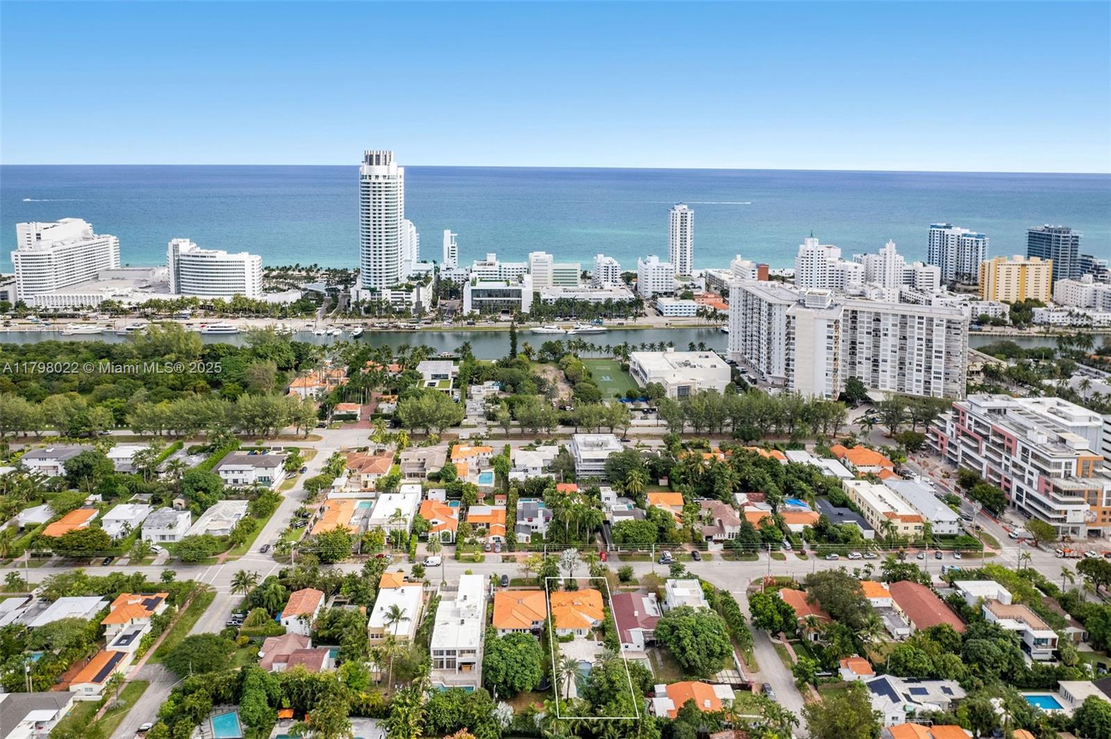 An aerial view shows a residential neighborhood with a highlighted house featuring a pool — 4316 Sheridan Ave, Miami Beach FL 33140, MIAMI BEACH, FL