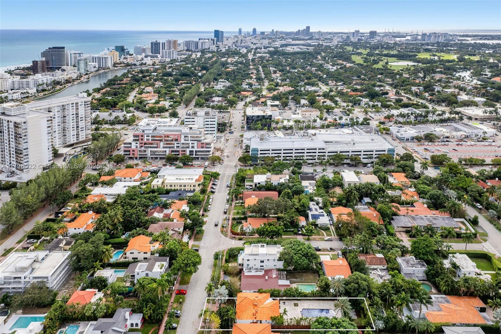 An aerial view shows a residential neighborhood with a highlighted house featuring a swimming pool — 4316 Sheridan Ave, Miami Beach FL 33140, MIAMI BEACH, FL