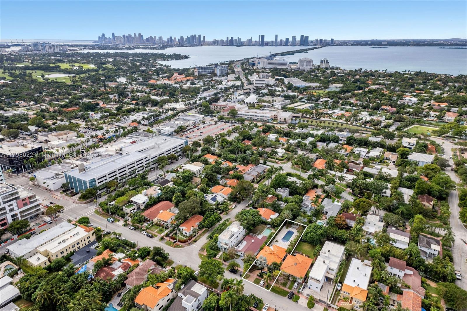 An aerial view shows a residential neighborhood with a highlighted house featuring a swimming pool — 4316 Sheridan Ave, Miami Beach FL 33140, MIAMI BEACH, FL