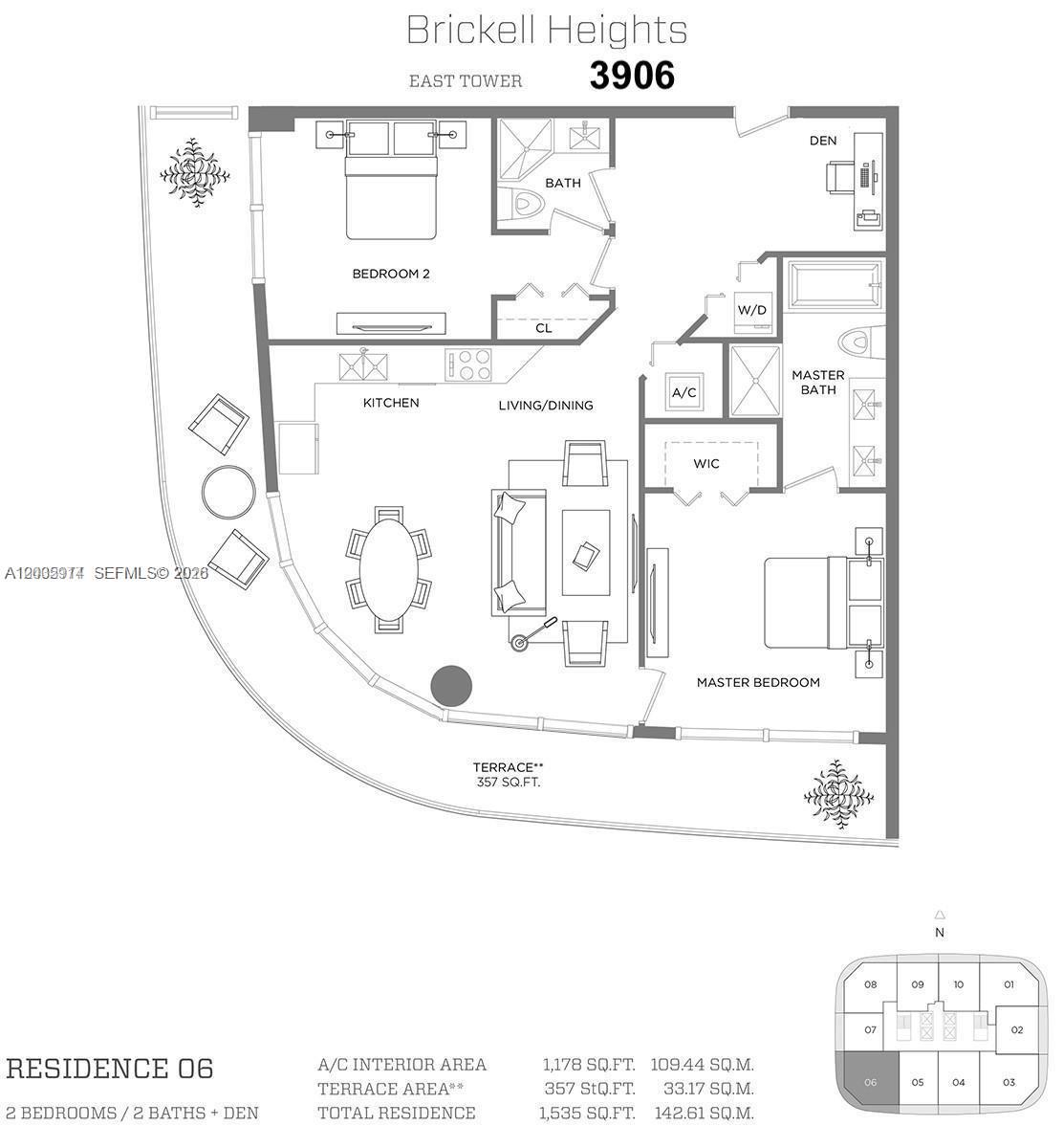 This floor plan shows a two-bedroom, two-bathroom apartment with a den and a large terrace — 45 SW 9th St # 3906, Miami FL 33130, MIAMI, FL