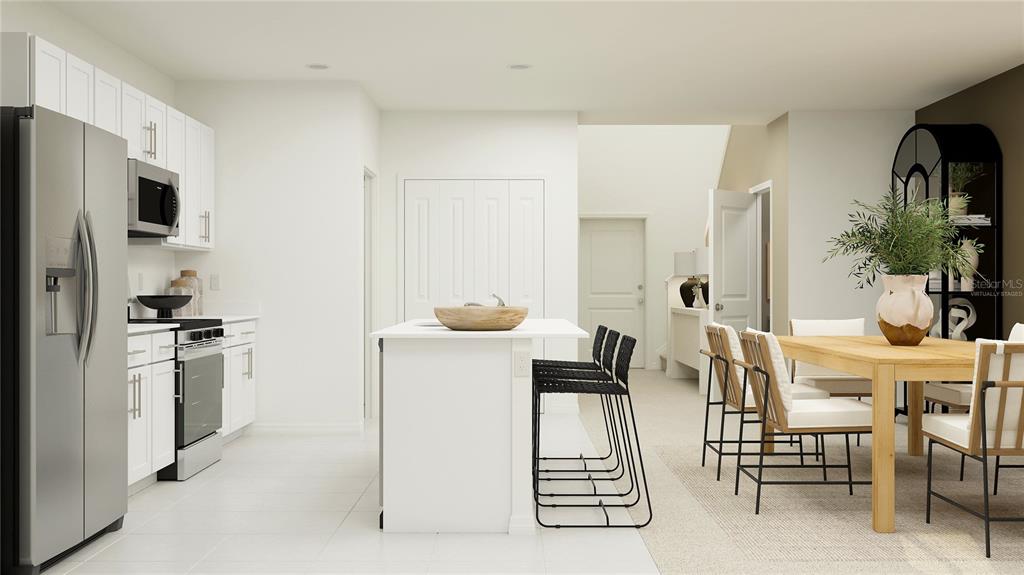 This is a virtually staged rendering of a modern kitchen and dining area — 2439 BLUESTONE ROAD, HAINES CITY, FL