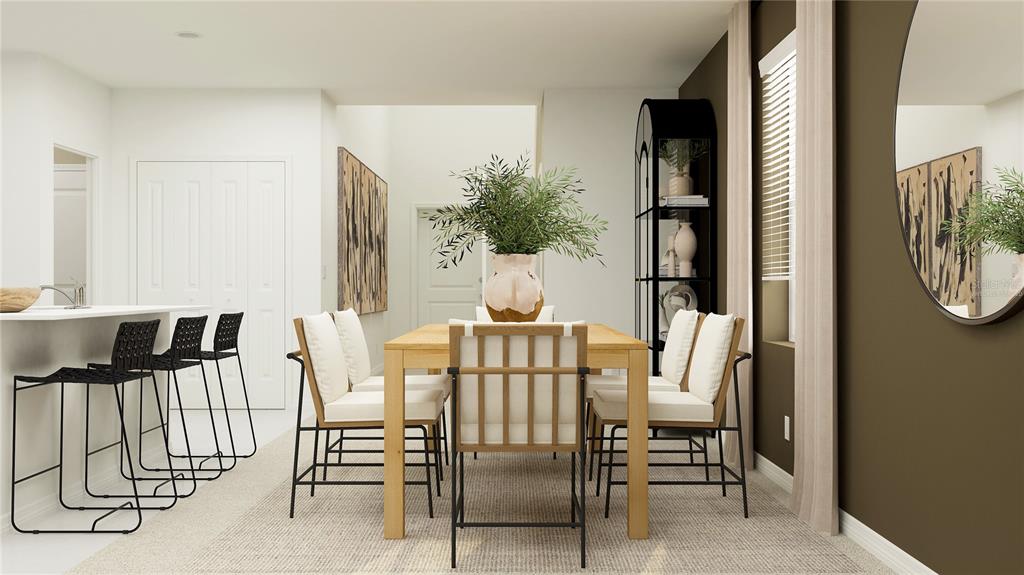 This digital rendering shows a dining area with a wooden table, chairs, and bar stools — 2439 BLUESTONE ROAD, HAINES CITY, FL