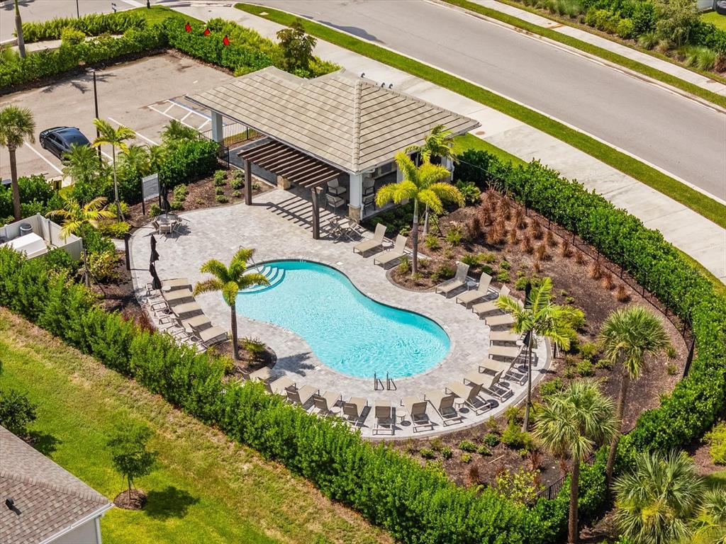 An aerial view shows a swimming pool with lounge chairs surrounded by a hedge — 8701 WINTER BREEZE, SARASOTA, FL