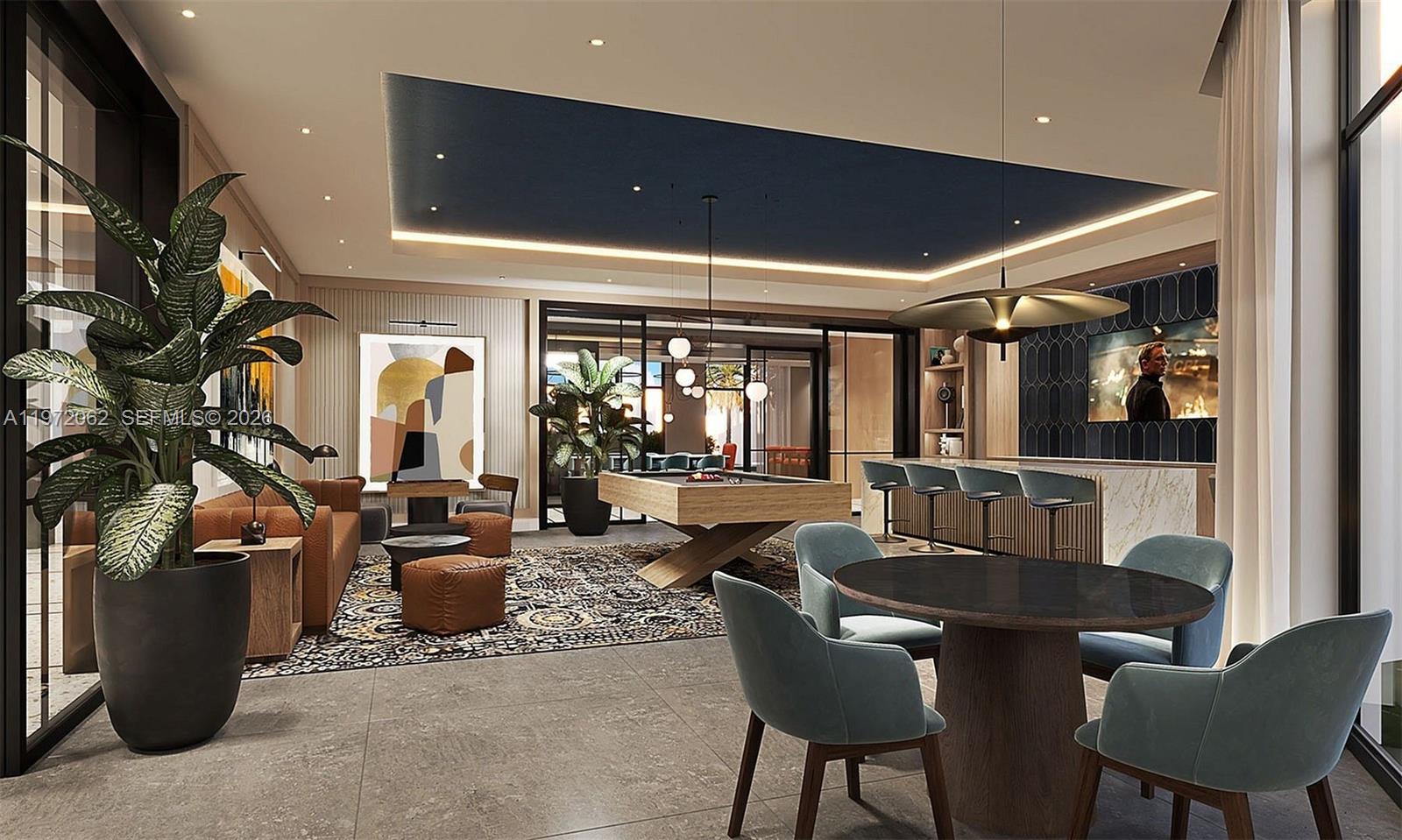 This rendering shows a modern lounge area with a pool table, bar, and seating — 1556 NW 110th Ave, Miami FL 33024, MIAMI, FL