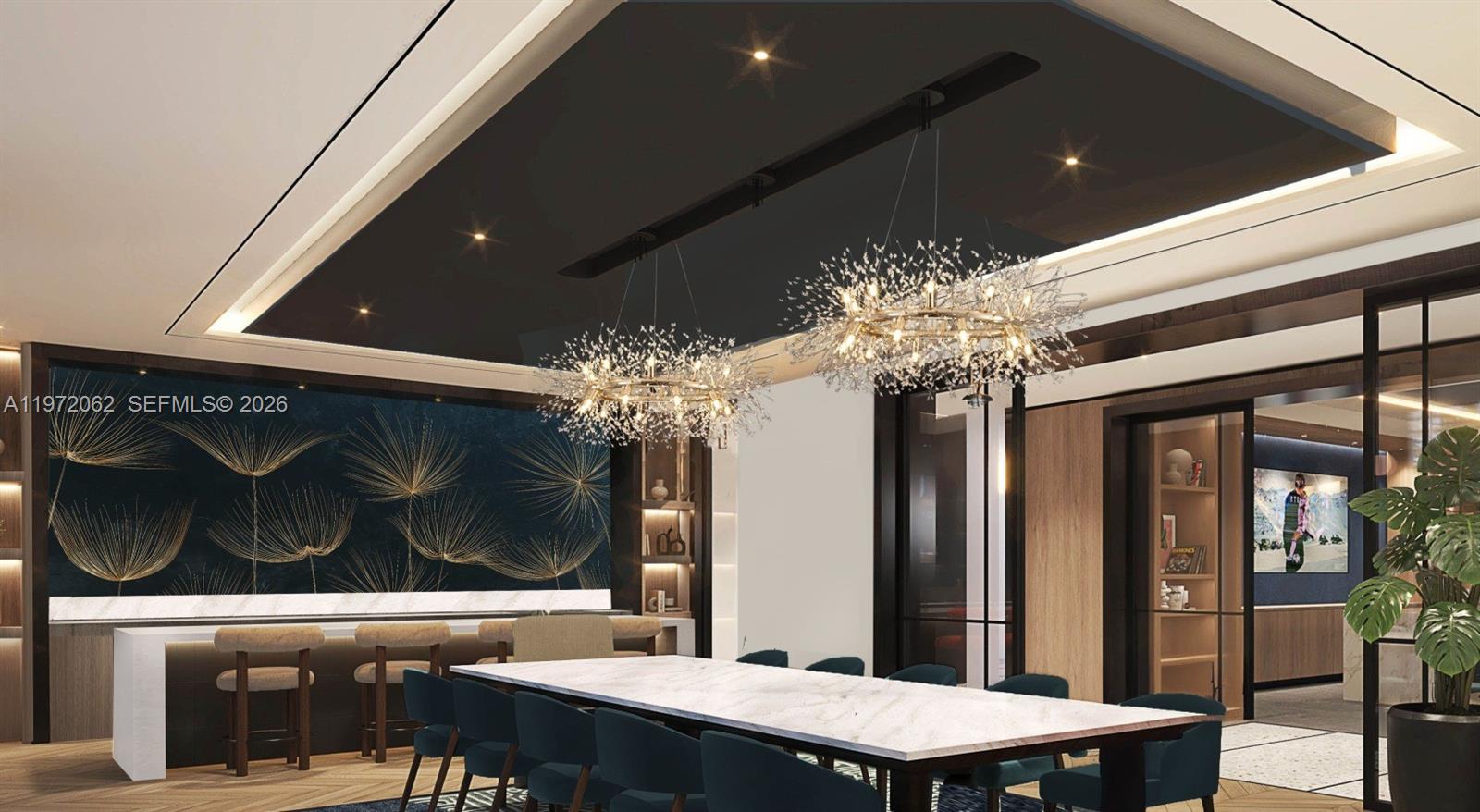 This rendering shows a modern dining room with a long marble table and two chandeliers — 1556 NW 110th Ave, Miami FL 33024, MIAMI, FL