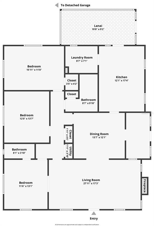 This is a floor plan showing the layout of a house with three bedrooms and lanai — 714 29TH STREET W, BRADENTON, FL