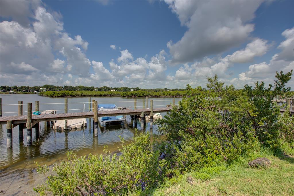 A wooden dock with a boat extends into a calm waterway surrounded by lush vegetation — 58 SABAL CAY COURT, NEW SMYRNA BEACH, FL