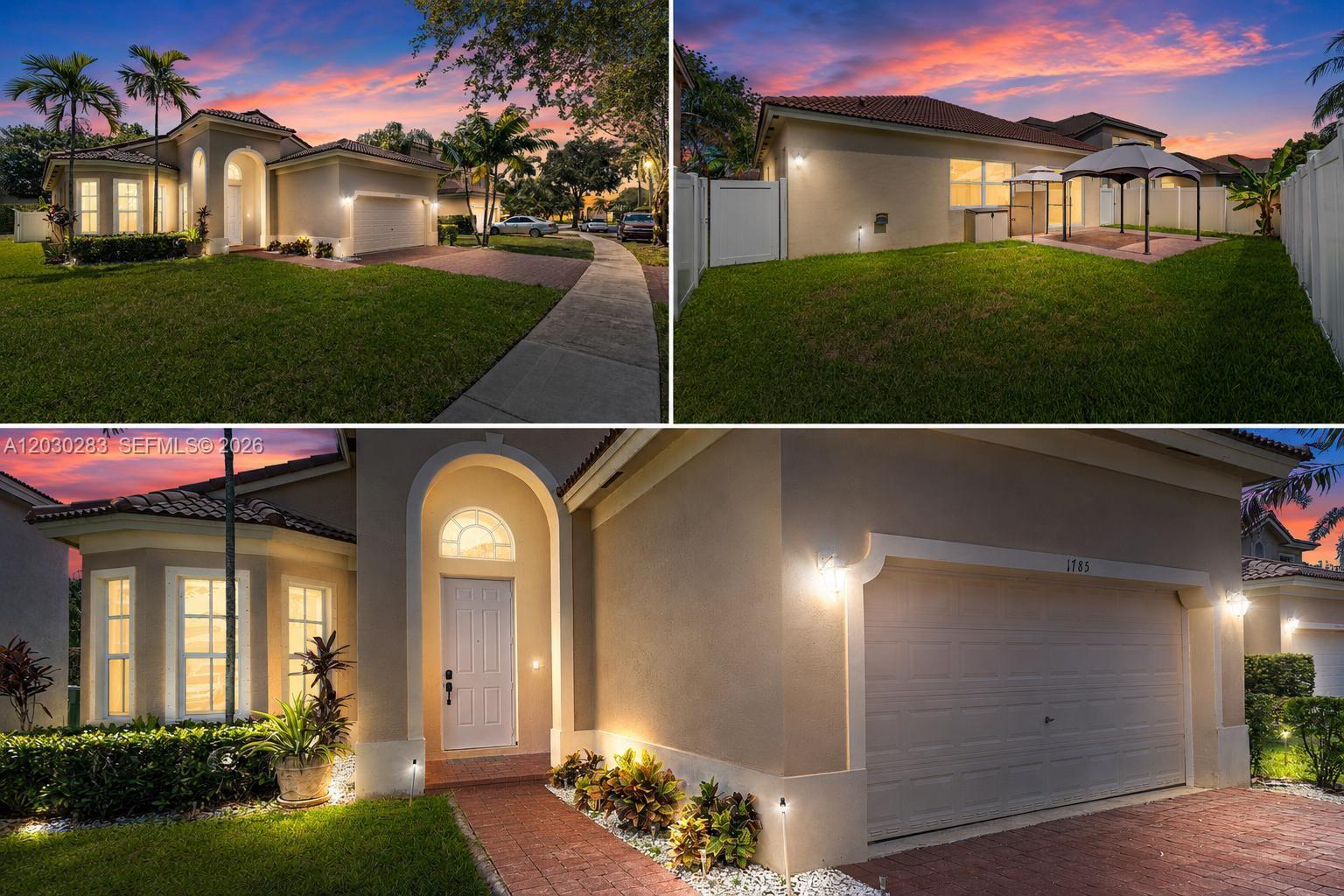 A collage shows the exterior, backyard, and front entrance of a single-story stucco house — 1785 NE 37th Pl, Homestead FL 33033, HOMESTEAD, FL