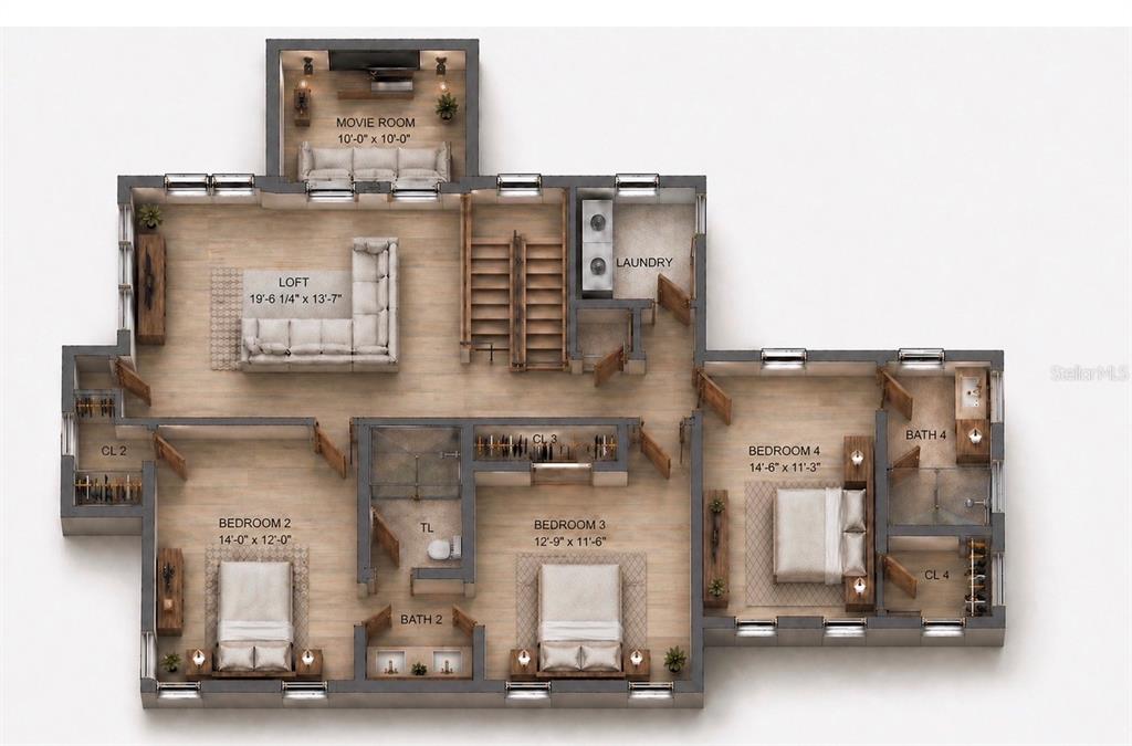 This is a 3D floor plan rendering of an upper level featuring four bedrooms and loft — 2228 HOWARD DRIVE, WINTER PARK, FL