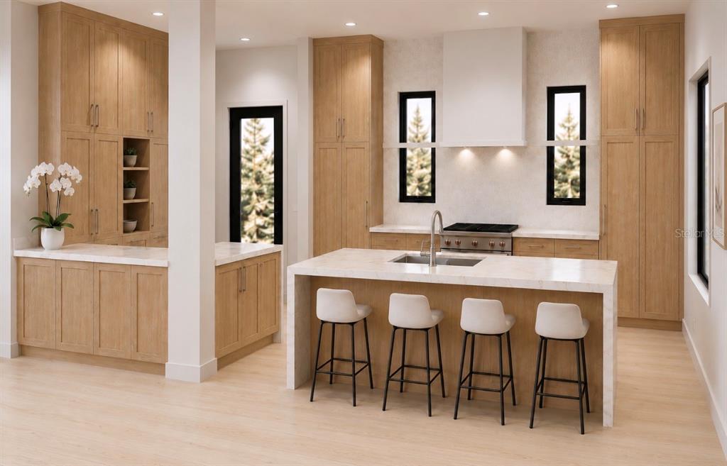 This is a rendering of a modern kitchen featuring light wood cabinets and a waterfall island — 2228 HOWARD DRIVE, WINTER PARK, FL