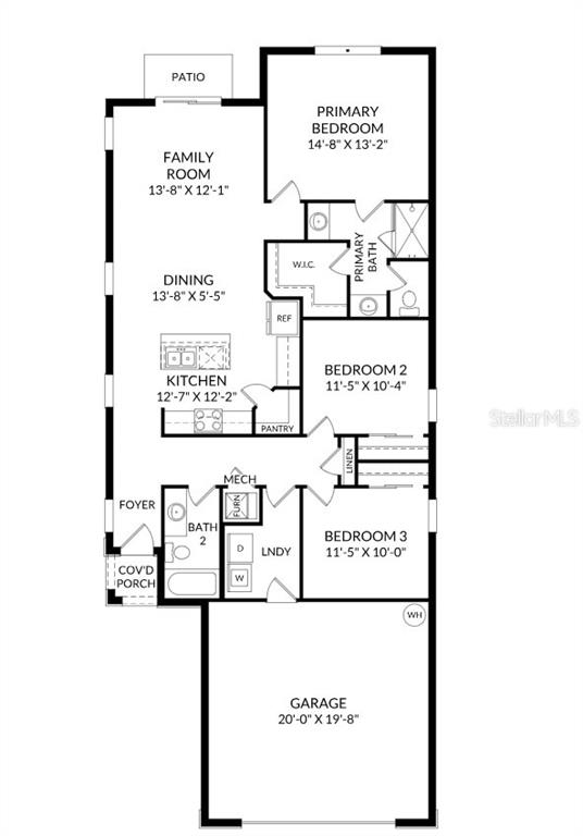 This is a floor plan for a three-bedroom, two-bathroom home with an attached garage — 4462 RIVER BEACON BOULEVARD, DAVENPORT, FL
