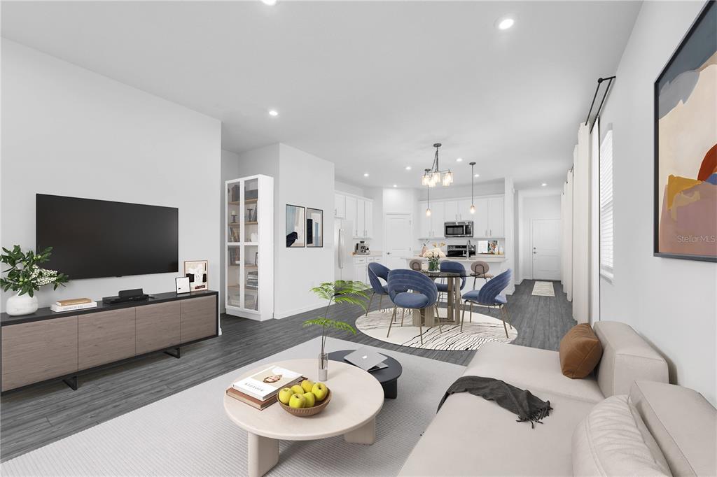 This digital rendering shows an open-concept living and dining area with modern furniture and finishes — 4462 RIVER BEACON BOULEVARD, DAVENPORT, FL