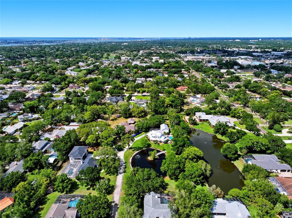 An aerial view shows a residential neighborhood with many trees, houses, and a small pond — 13227 110TH AVENUE, LARGO, FL