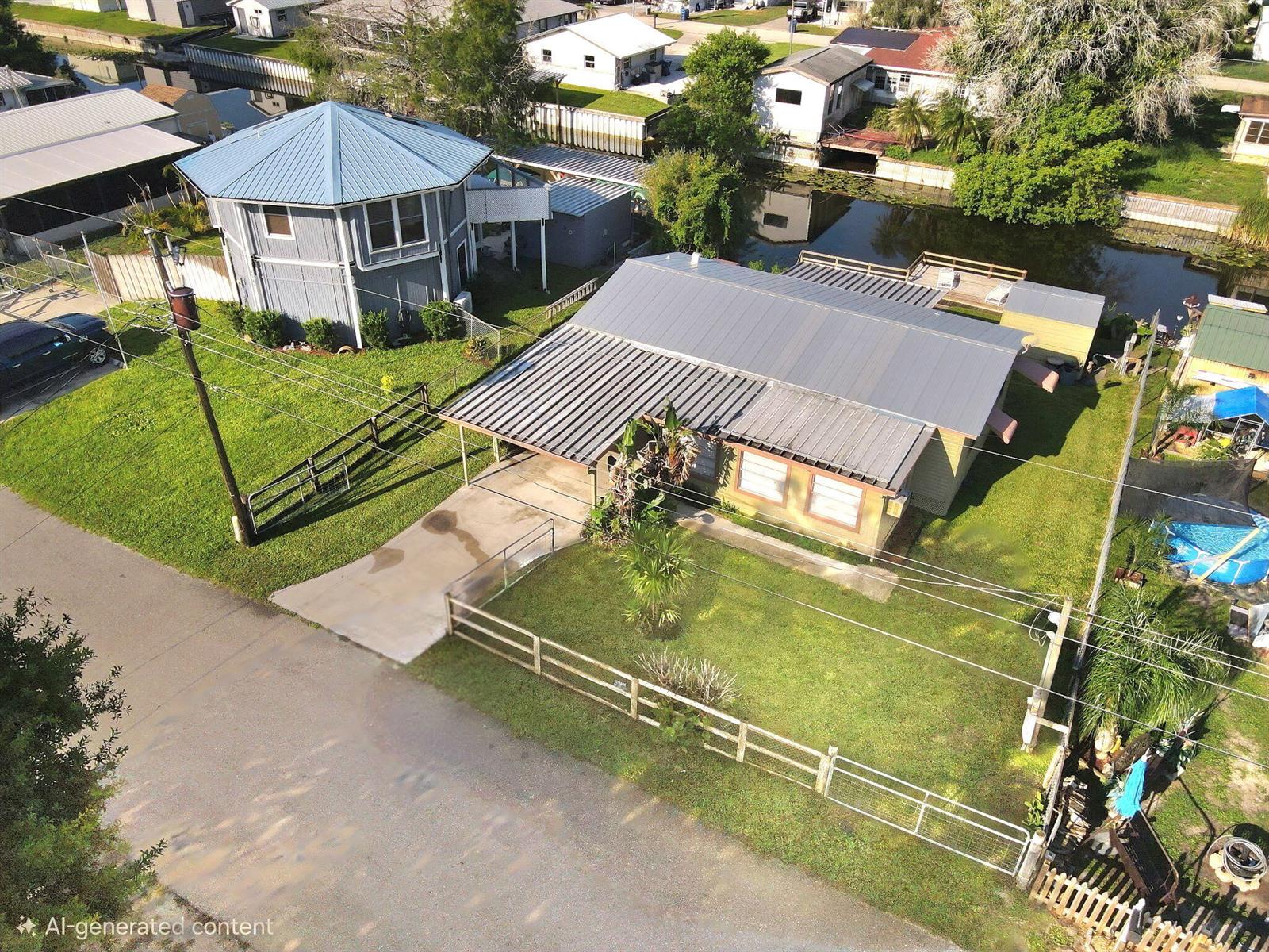 An aerial view shows two houses with metal roofs situated next to a canal — 1038 8th Street, Okeechobee FL 34974, OKEECHOBEE, FL