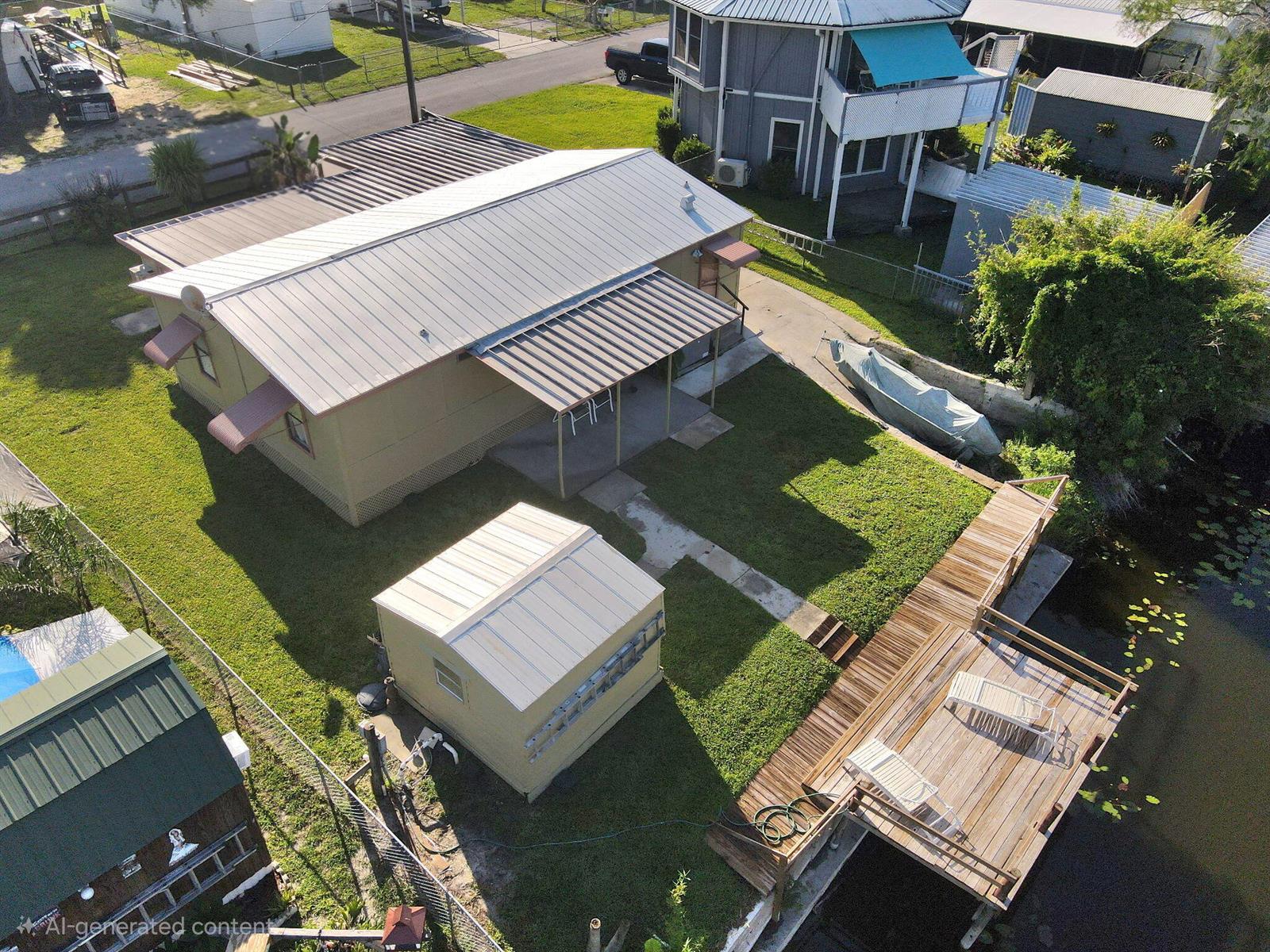 An aerial view shows a house with a metal roof, a shed, and a wooden dock — 1038 8th Street, Okeechobee FL 34974, OKEECHOBEE, FL