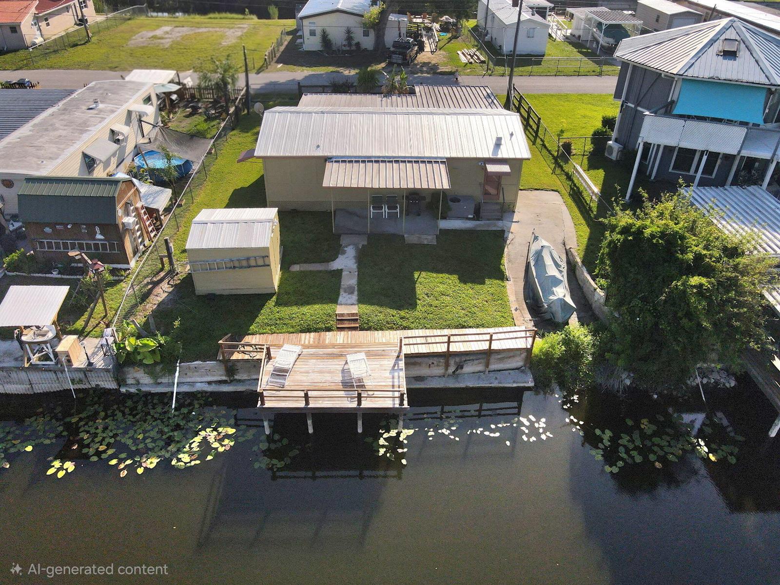 An aerial view shows a house with a metal roof, a backyard, and a wooden dock — 1038 8th Street, Okeechobee FL 34974, OKEECHOBEE, FL