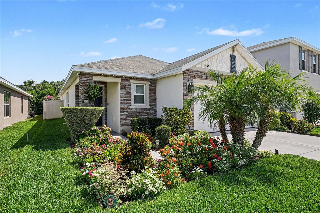 A single-story house with stone veneer accents, a palm tree, and a colorful front garden — 11453 STONE PINE STREET, RIVERVIEW, FL