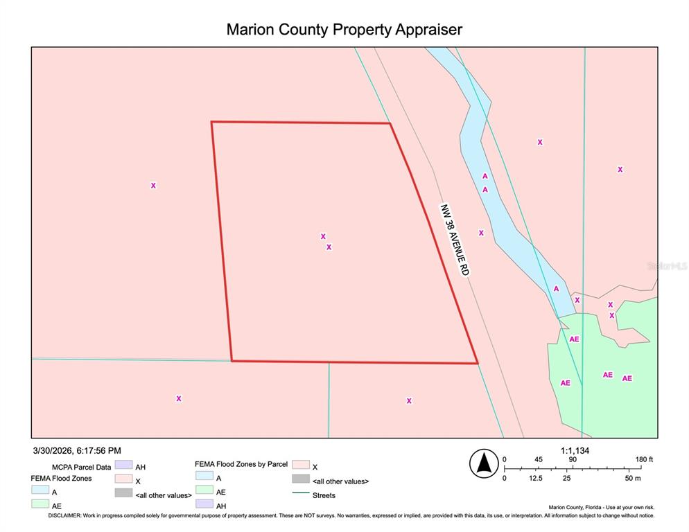 This is a map showing FEMA flood zones for a property in Marion County, Florida — 8282 NW 38TH AVE ROAD, OCALA, FL